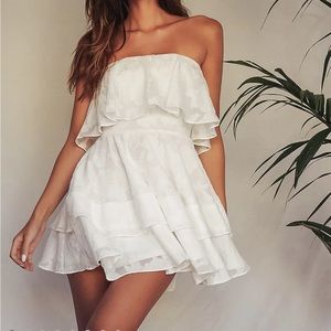 True Lover White Burnout Floral Ruffled Strapless Mini Dress